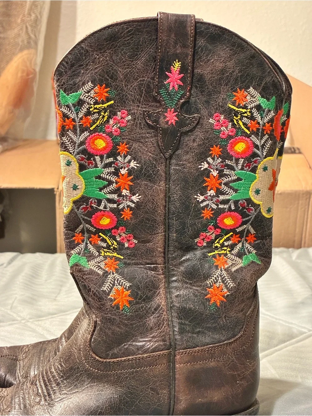 Macie Bean Brown Leather Kids Embroidered Western Boots